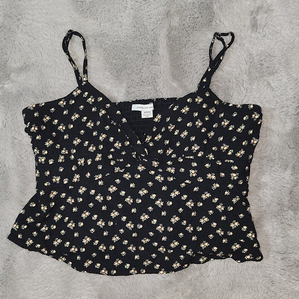 AE Black Flower Baby Doll Crop Tank Size M